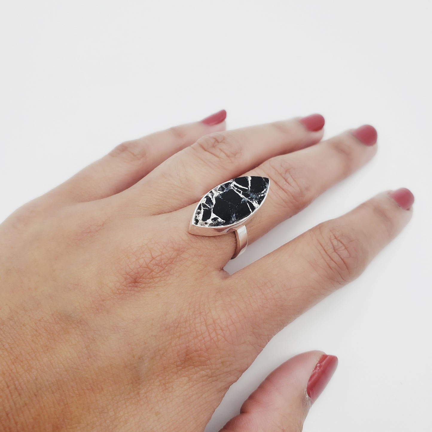 Black Mojave Marquise Statement Ring in Silver