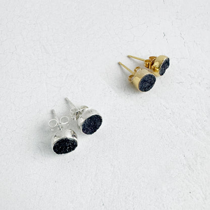 Black Druzy Circle Stud Earrings in Gold and Silver