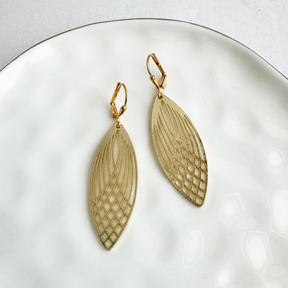 Patterned Marquise Dangle Earrings in Brushed Gold