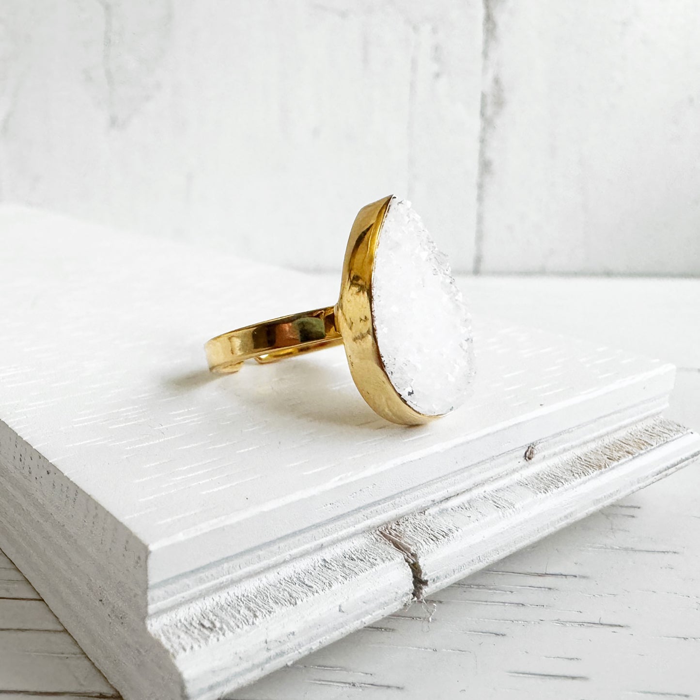 White Druzy Teardrop Statement Ring in Gold