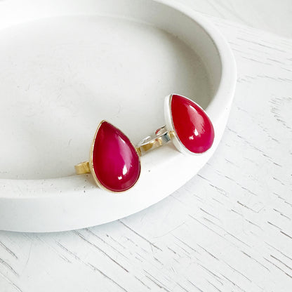 Fuchsia Chalcedony Teardrop Statement Ring in Gold and Silver