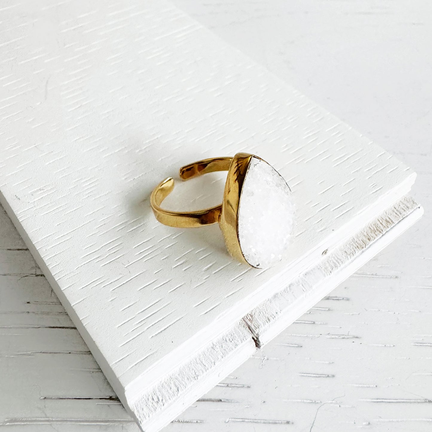 White Druzy Teardrop Statement Ring in Gold