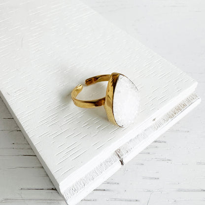 White Druzy Teardrop Statement Ring in Gold