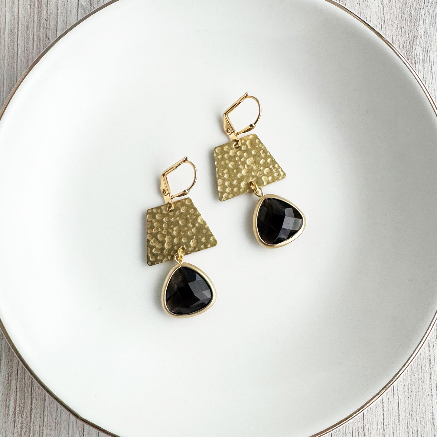Hammered Brass and Smoky Quartz Dangle Earrings