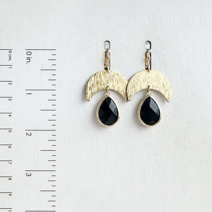 Raw Brass Crescent and Black Teardrop Earrings