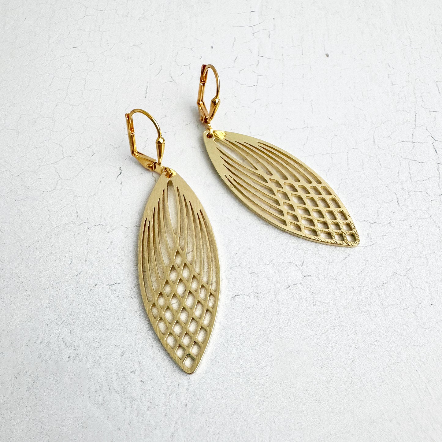 Patterned Marquise Dangle Earrings in Brushed Gold