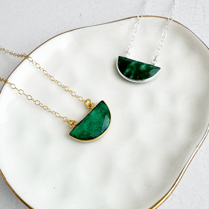 Small Half Moon Crescent Necklace - Raw Emerald