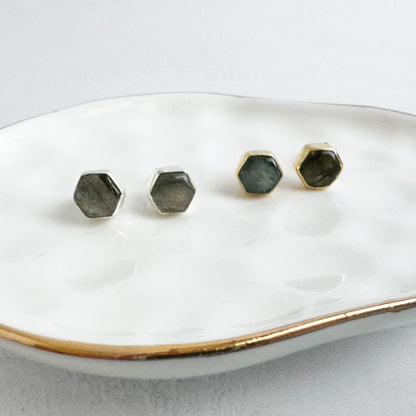 Labradorite Hexagon Stud Earrings in Gold and Silver