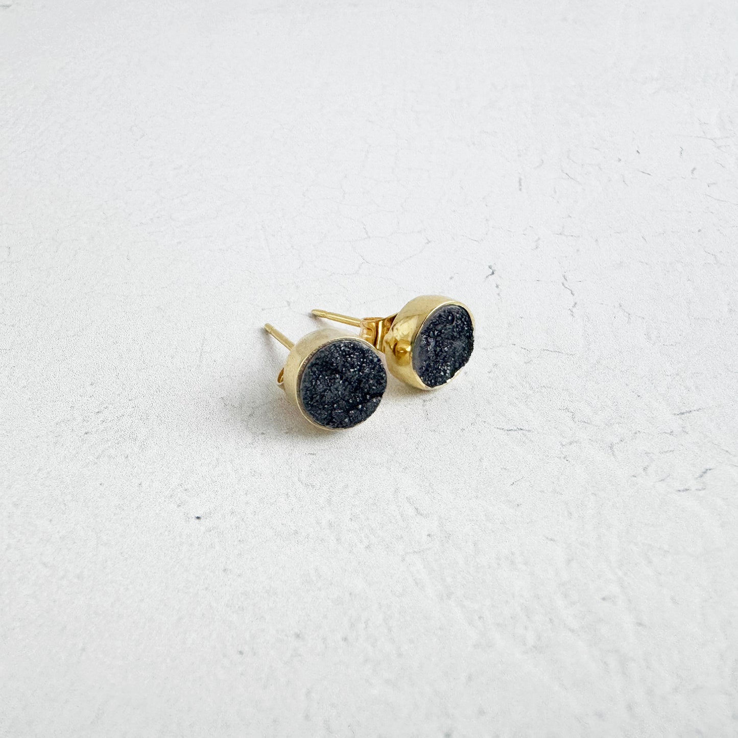 Black Druzy Circle Stud Earrings in Gold and Silver