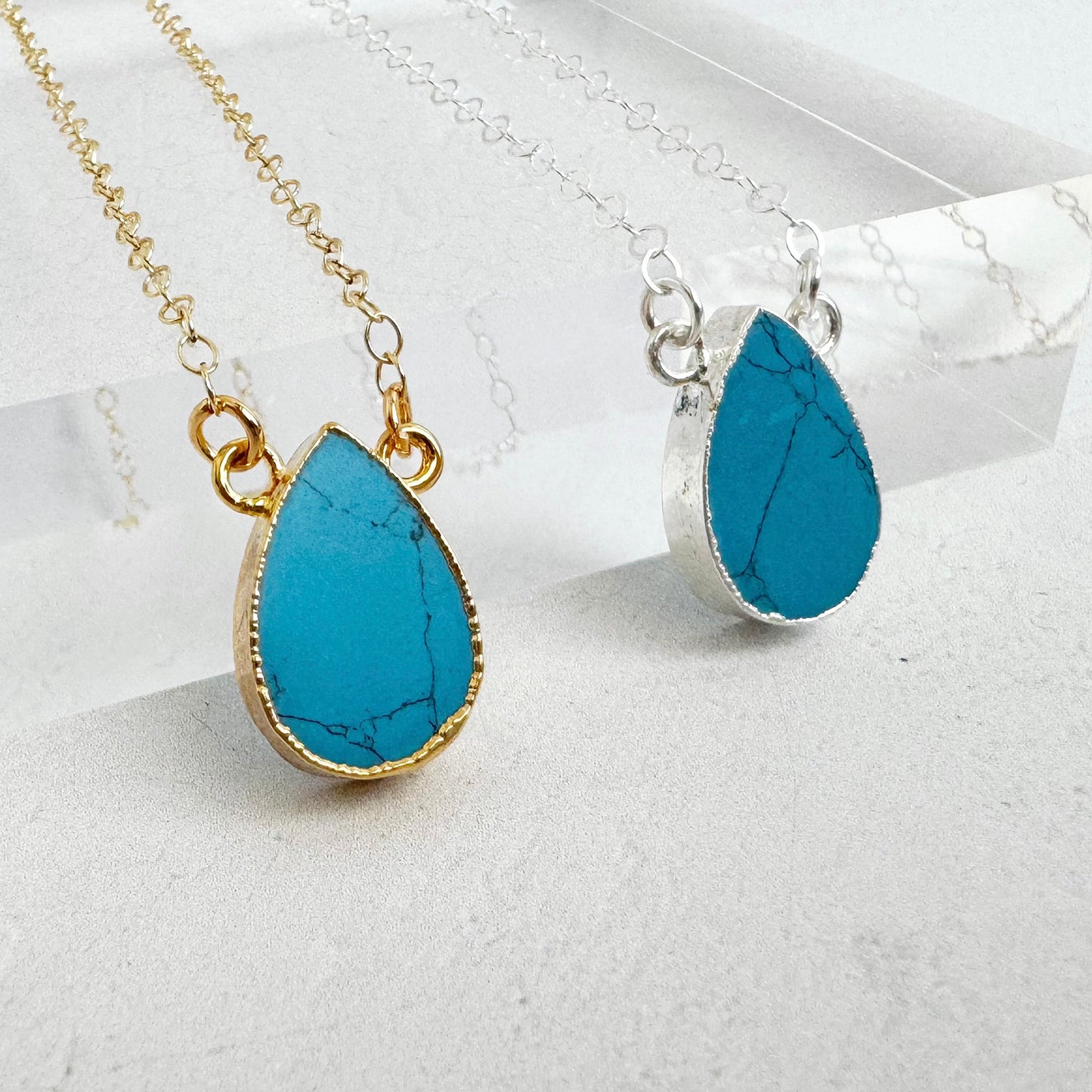 Turquoise Howlite Teardrop Necklace in 14k Gold Filled and Sterling Silver