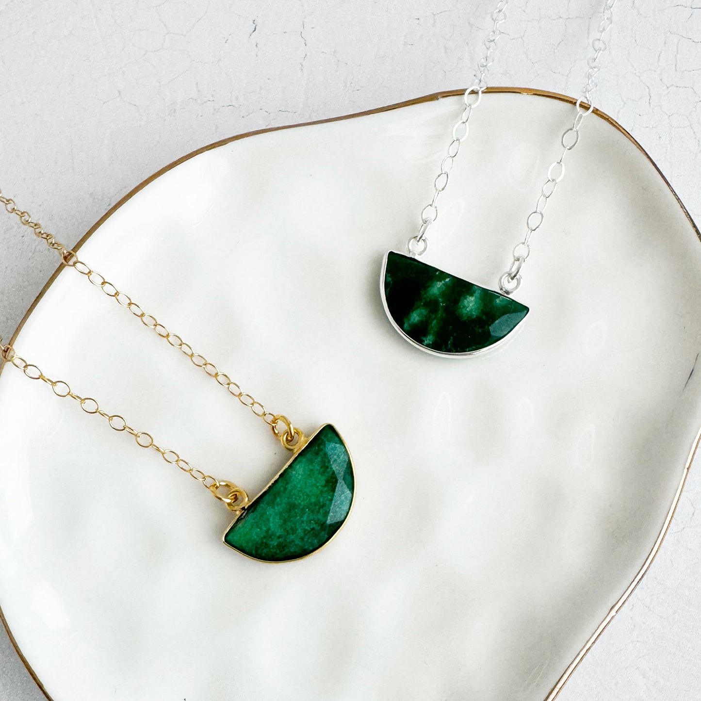 Small Half Moon Crescent Necklace - Raw Emerald