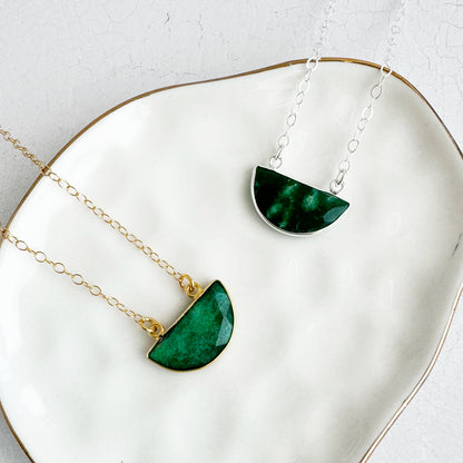 Small Half Moon Crescent Necklace - Raw Emerald