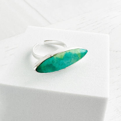 Long Tibetan Turquoise Horizontal Marquise Statement Ring in Gold and Silver