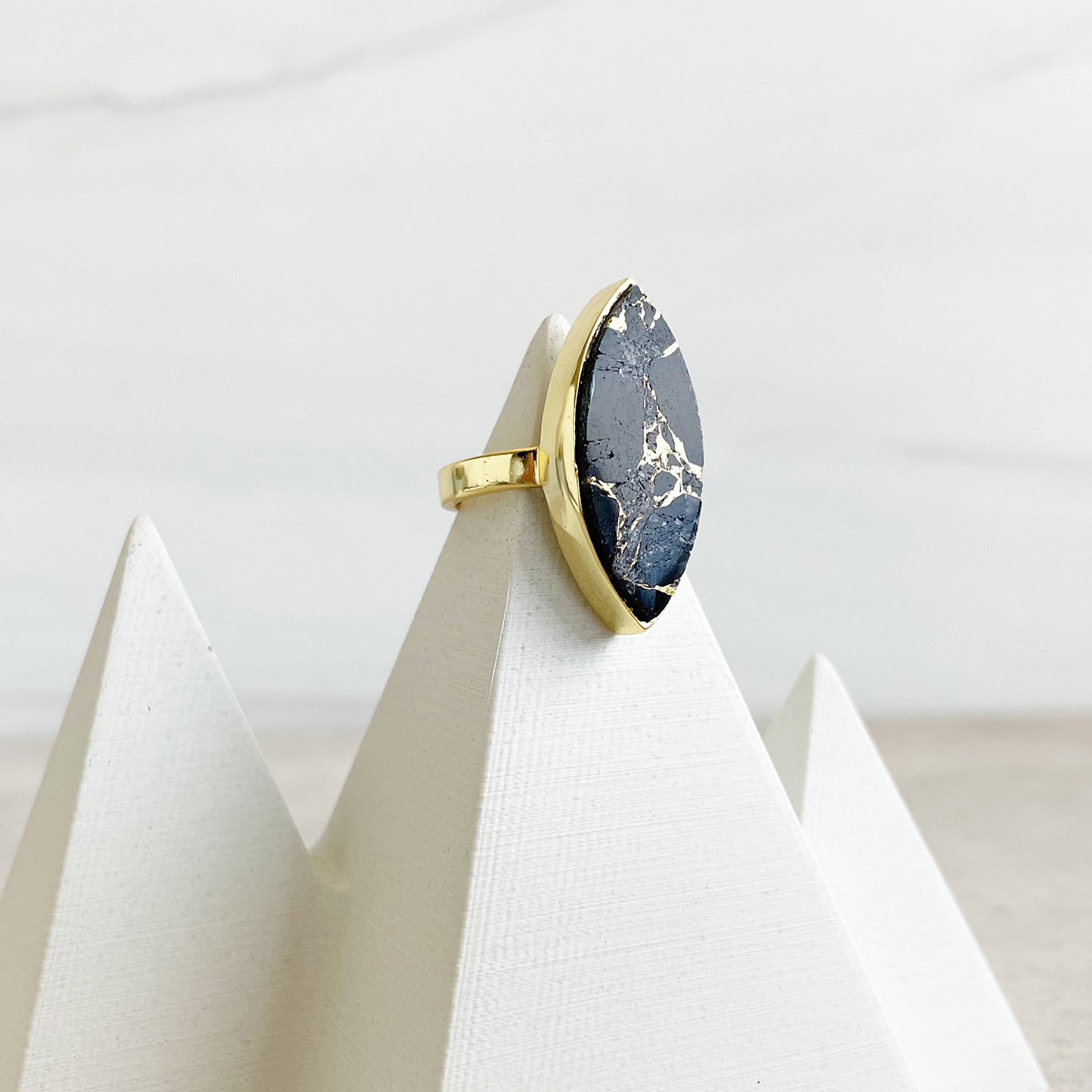 Black Mojave Marquise Statement Ring in Gold. Cocktail Ring