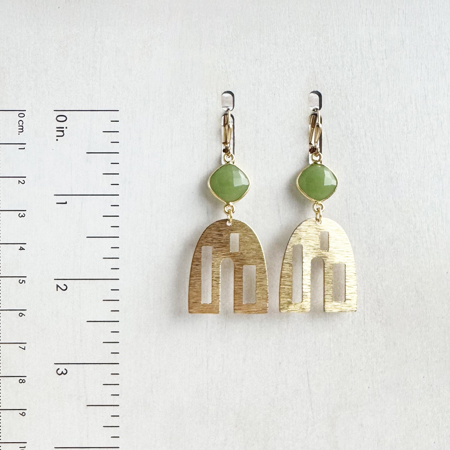 Raw Brass Arch and Green Chalcedony Dangle Earrings