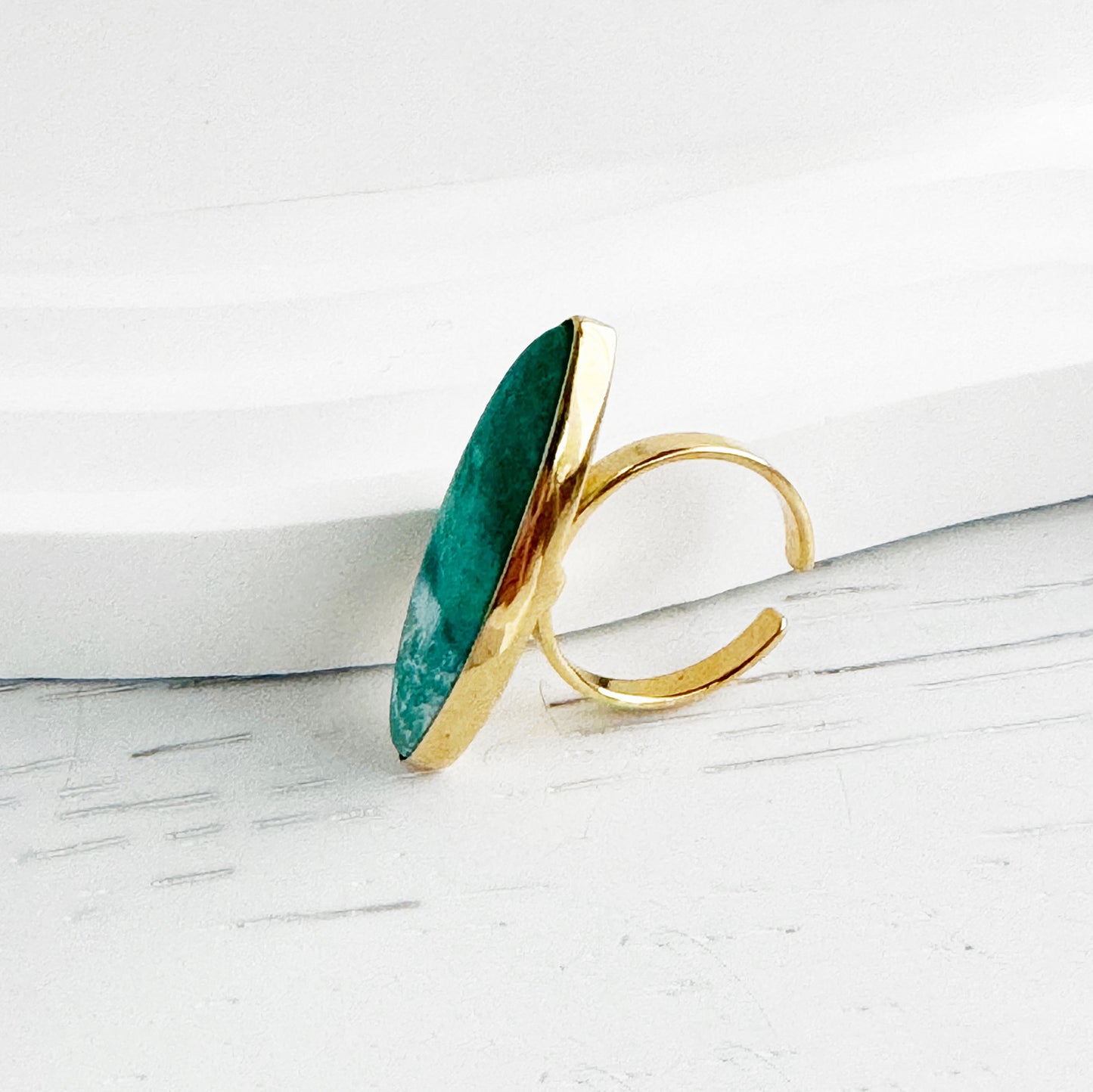 Long Tibetan Turquoise Horizontal Marquise Statement Ring in Gold and Silver