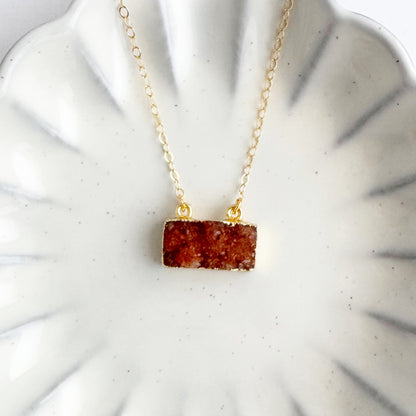 Burnt Orange Druzy Bar Necklace in Gold