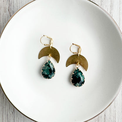 Raw Brass Crescent and Apatite Teardrop Earrings