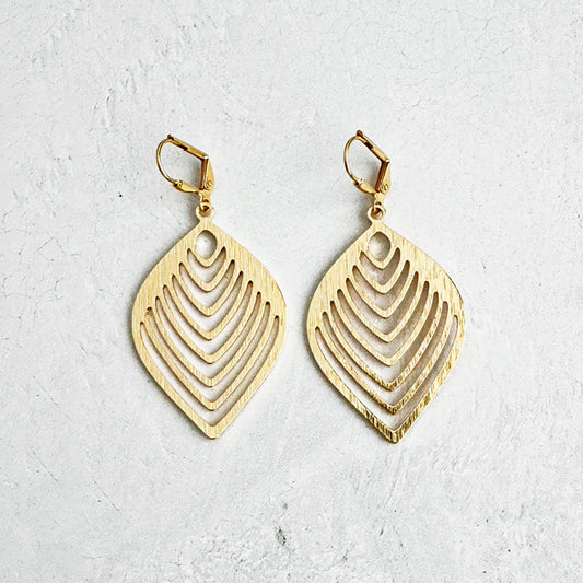 Chevron Pattern Marquise Earrings in Brushed Gold