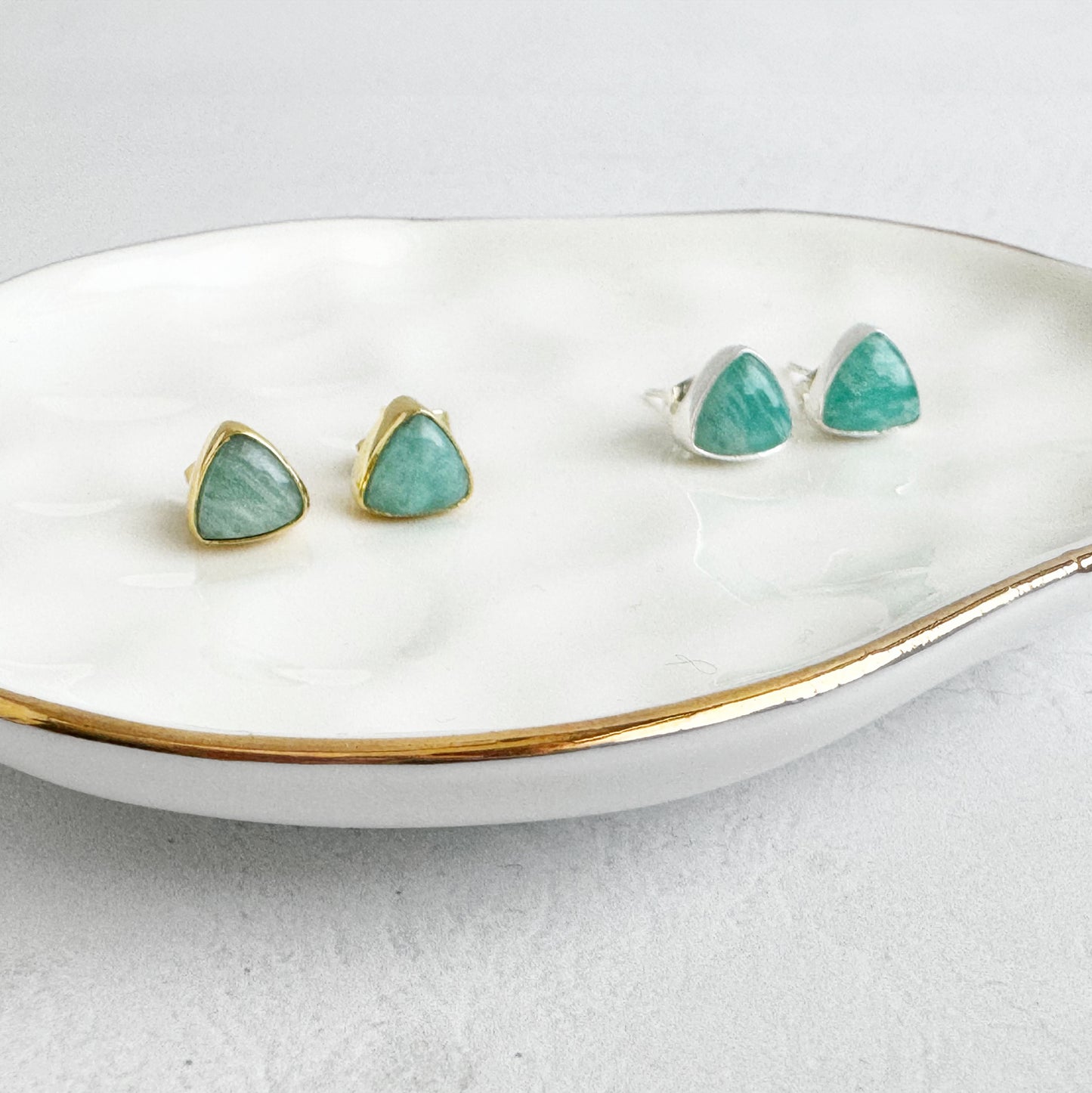 Amazonite Triangle Stud Earrings in Gold and Silver