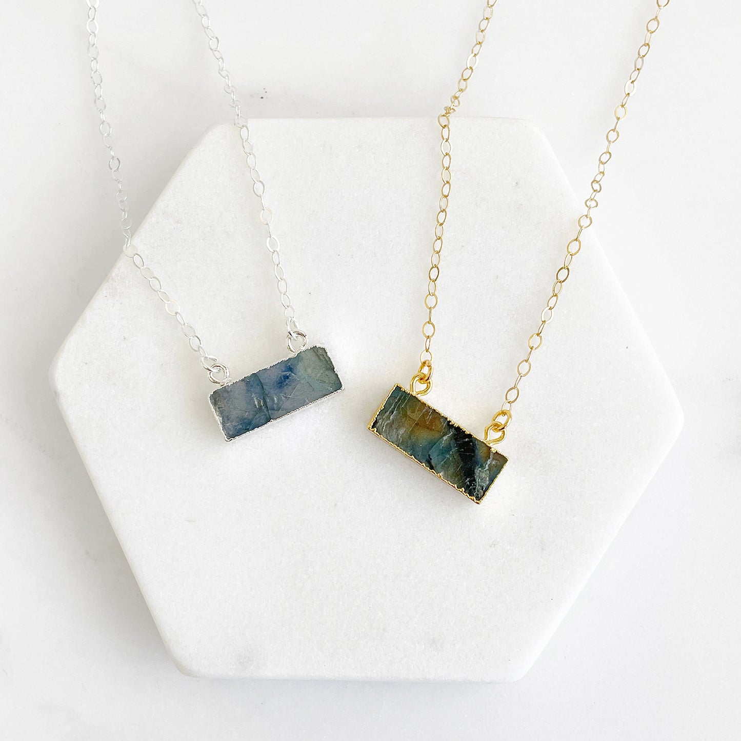 Dainty Labradorite Bar Necklace in Gold and Silver