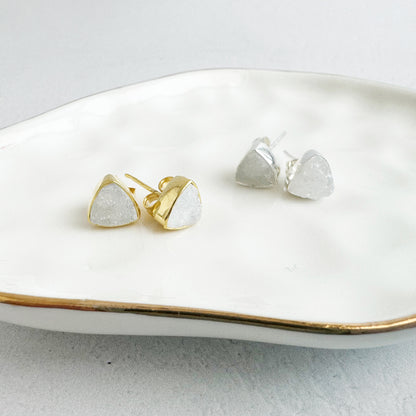 White Druzy Triangle Stud Earrings in Gold and Silver