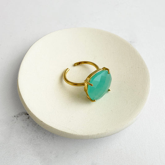 Large Aqua Chalcedony Gemstone Ring Prong Setting in Gold