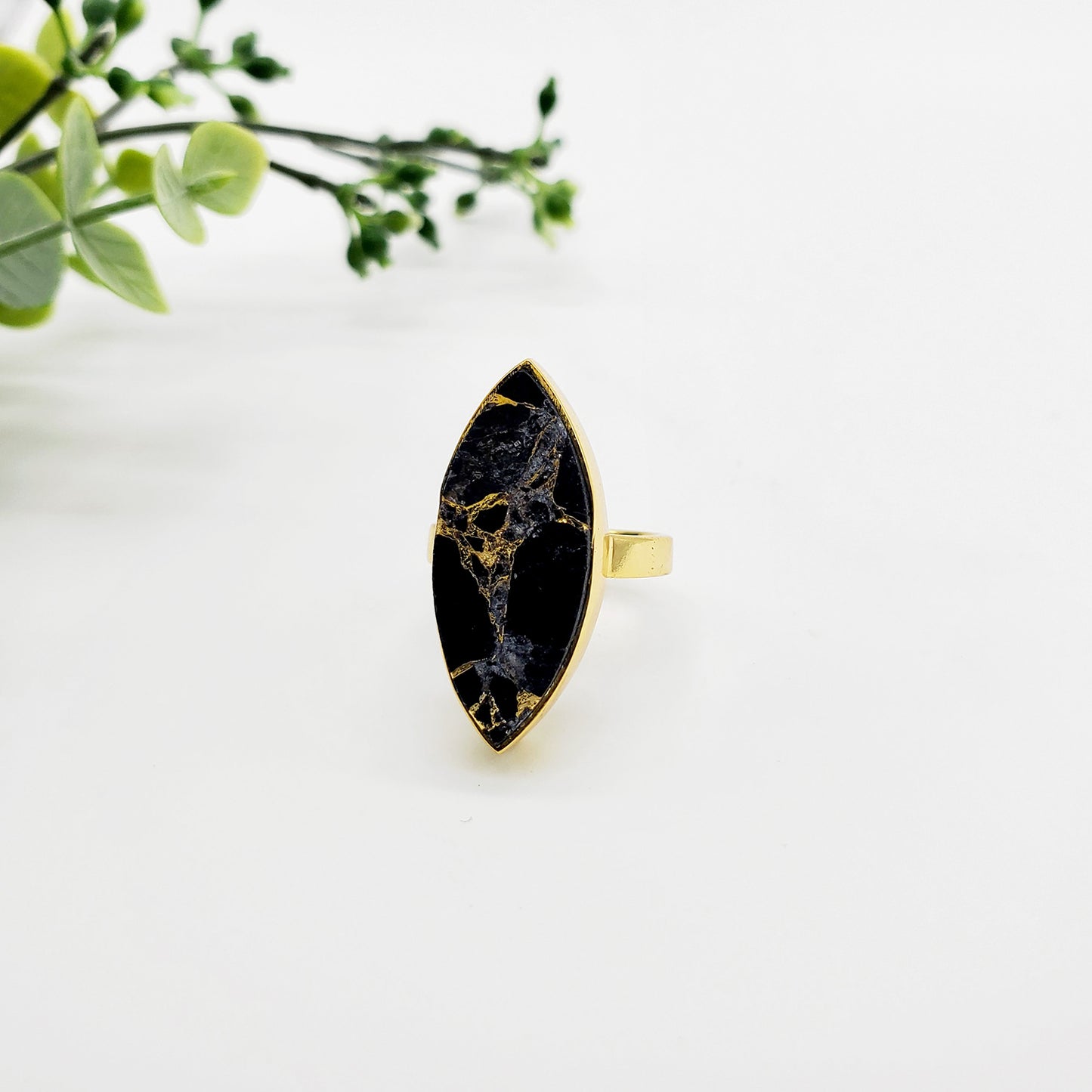 Black Mojave Marquise Statement Ring in Gold. Cocktail Ring