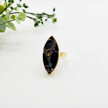 Black Mojave Marquise Statement Ring in Gold. Cocktail Ring