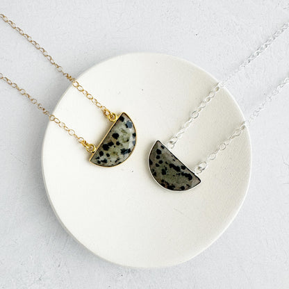 Small Half Moon Crescent Necklace - Dalmatian Jasper