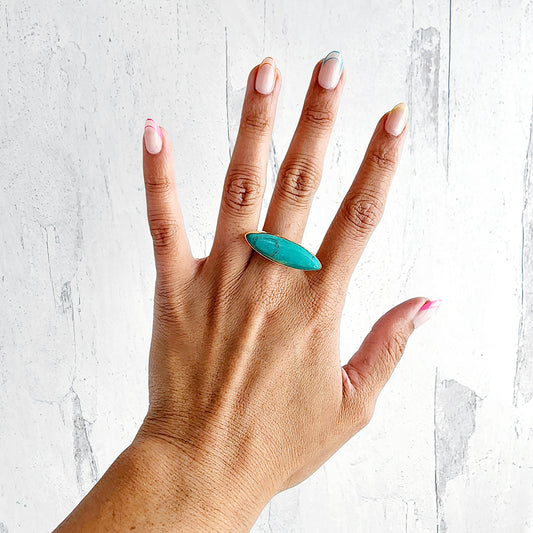 Long Tibetan Turquoise Horizontal Marquise Statement Ring in Gold and Silver