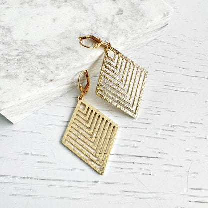 Patterned Diamond Earrings in Brushed Brass Gold