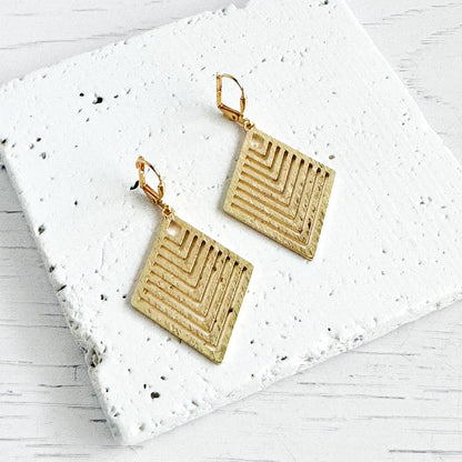 Patterned Diamond Earrings in Brushed Brass Gold