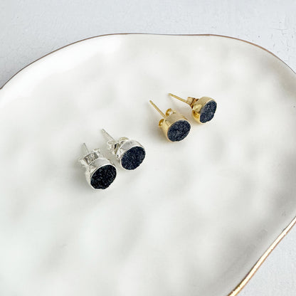 Black Druzy Circle Stud Earrings in Gold and Silver