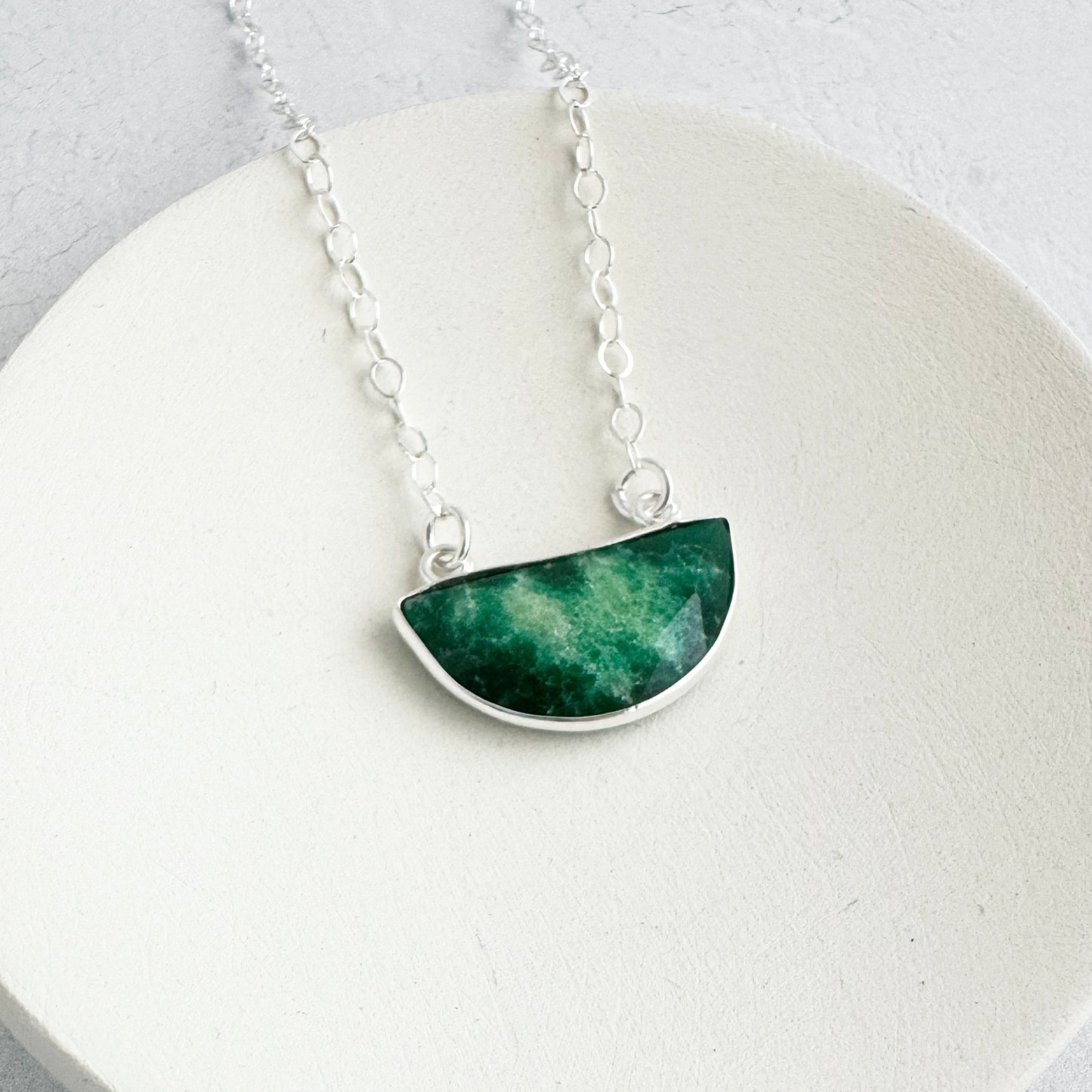 Small Half Moon Crescent Necklace - Raw Emerald