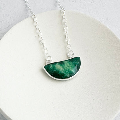 Small Half Moon Crescent Necklace - Raw Emerald
