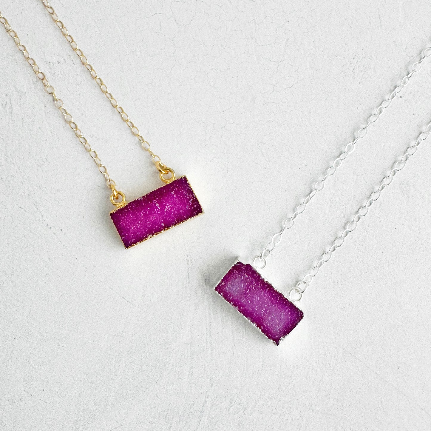 Fuchsia Druzy Bar Necklace in 14k Gold Filled and Sterling Silver