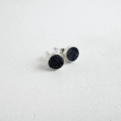 Black Druzy Circle Stud Earrings in Gold and Silver