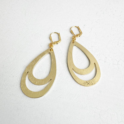 Double Teardrop Dangle Earrings in Brushed Gold