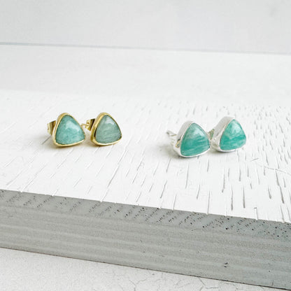 Amazonite Triangle Stud Earrings in Gold and Silver