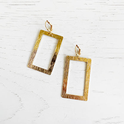 Rectangle Statement Earrings in Brushed Brass Gold