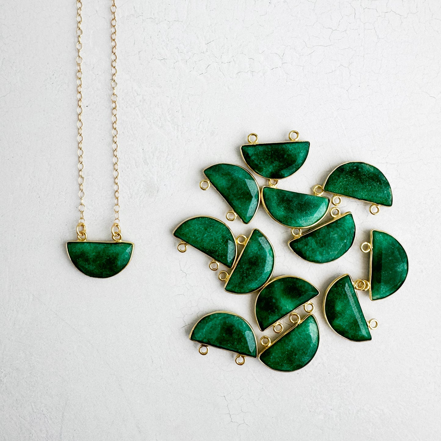Small Half Moon Crescent Necklace - Raw Emerald