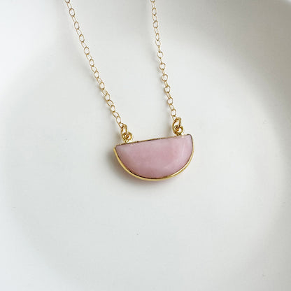 Small Half Moon Crescent Necklace - Pink Opal
