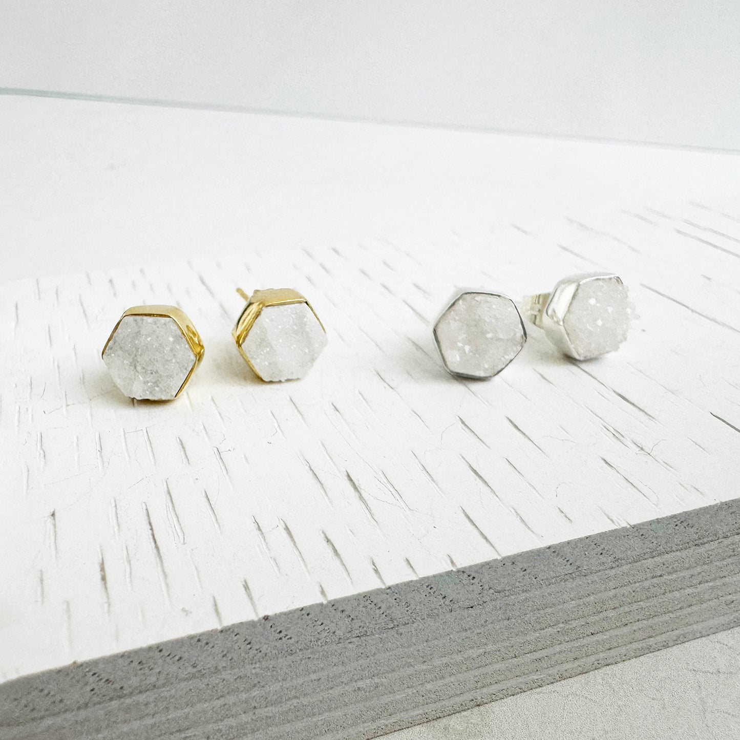 White Druzy Hexagon Stud Earrings in Gold and Silver