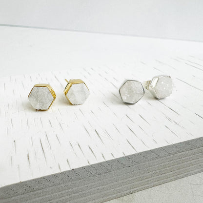 White Druzy Hexagon Stud Earrings in Gold and Silver