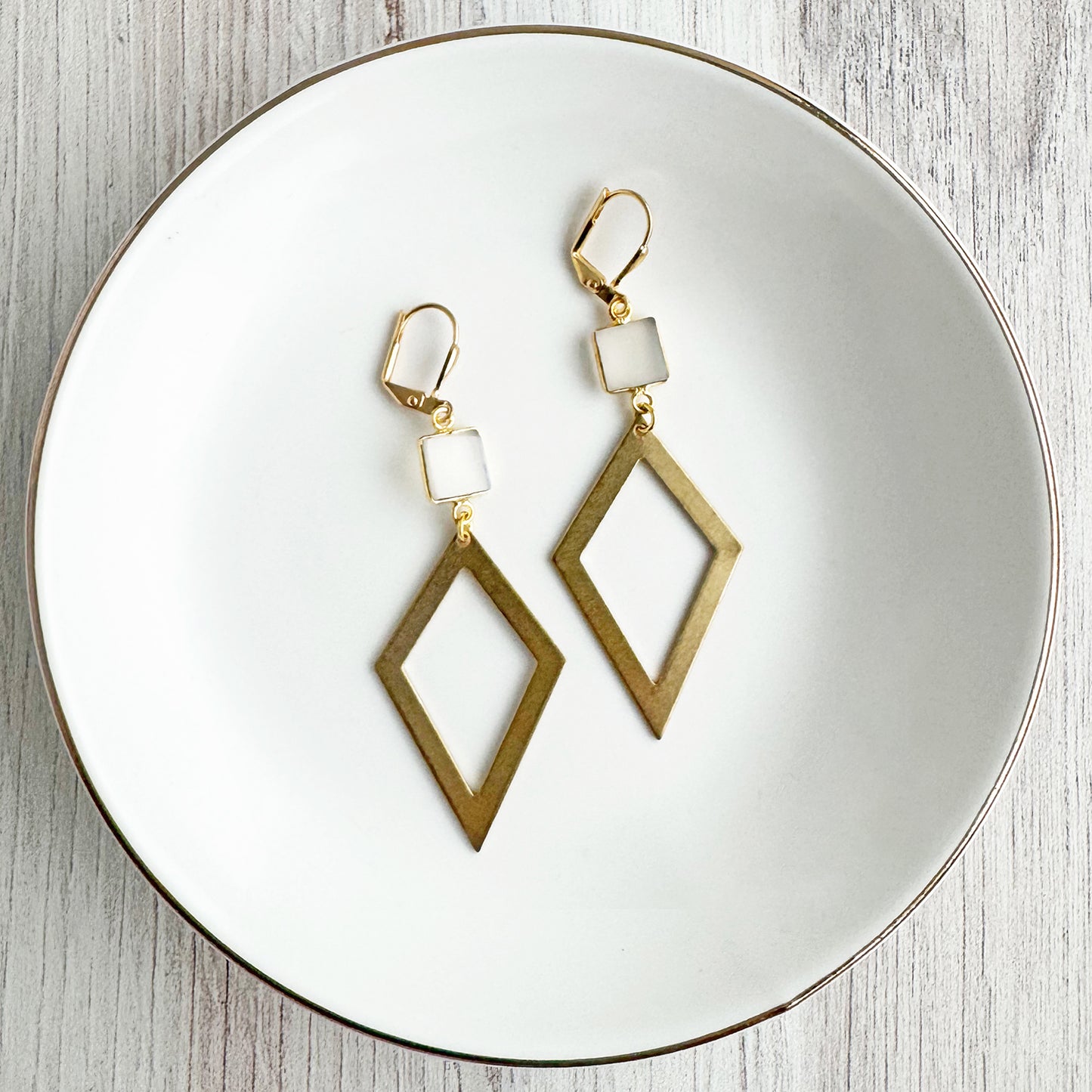 Raw Brass Diamond and White Onyx Statement Earrings