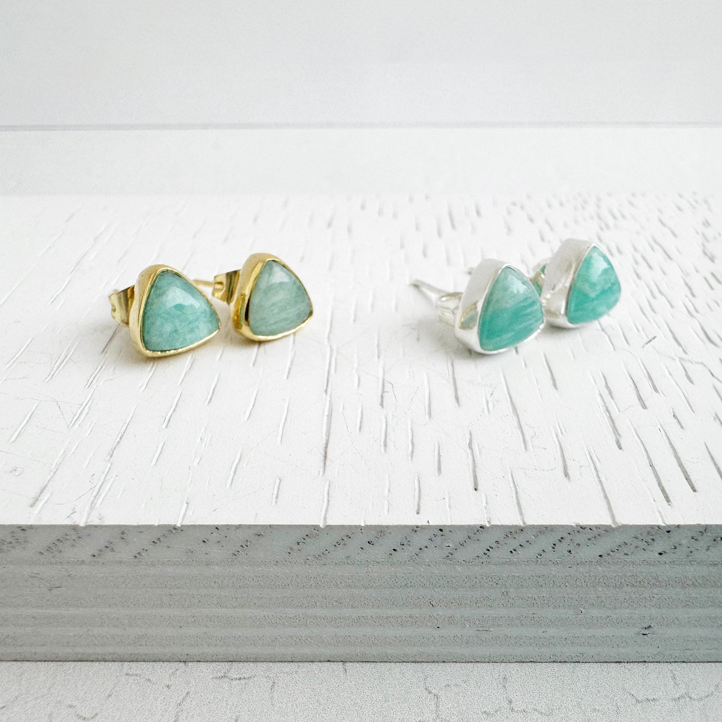 Amazonite Triangle Stud Earrings in Gold and Silver