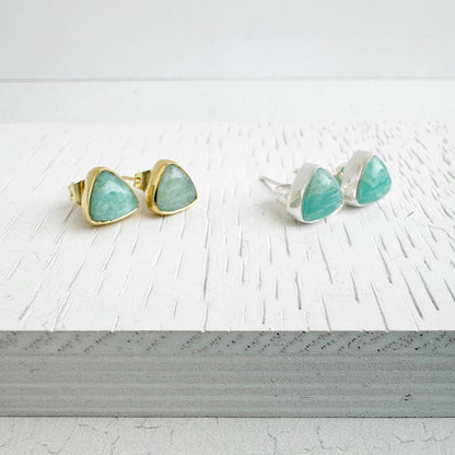 Amazonite Triangle Stud Earrings in Gold and Silver