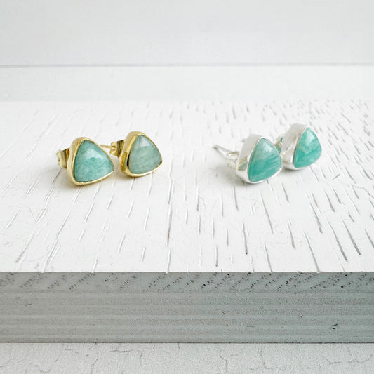 Amazonite Triangle Stud Earrings in Gold and Silver