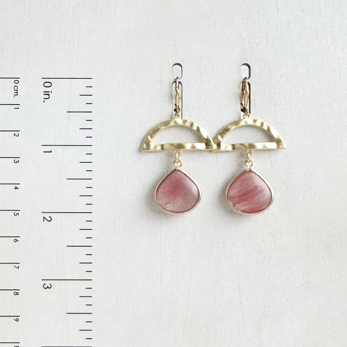 Hammered Brass Half Moon and Pink Glass Teardrop Earrings